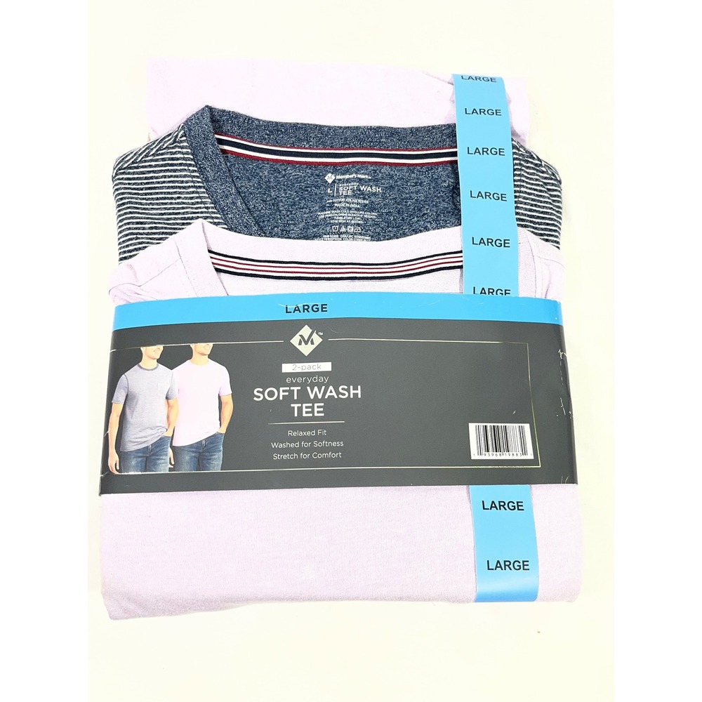 Members Mark Everyday Soft Wash Tee Men L  2-Pack Blue Stripe‎ Purple Causal
